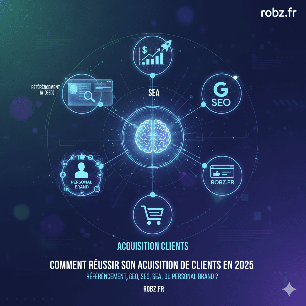 Cette infographie illustre les piliers de l'acquisition client en 2025 : référencement IA (GEO), SEA, SEO, et personal branding, convergeant autour de l'intelligence artificielle pour une stratégie complète sur robz.fr