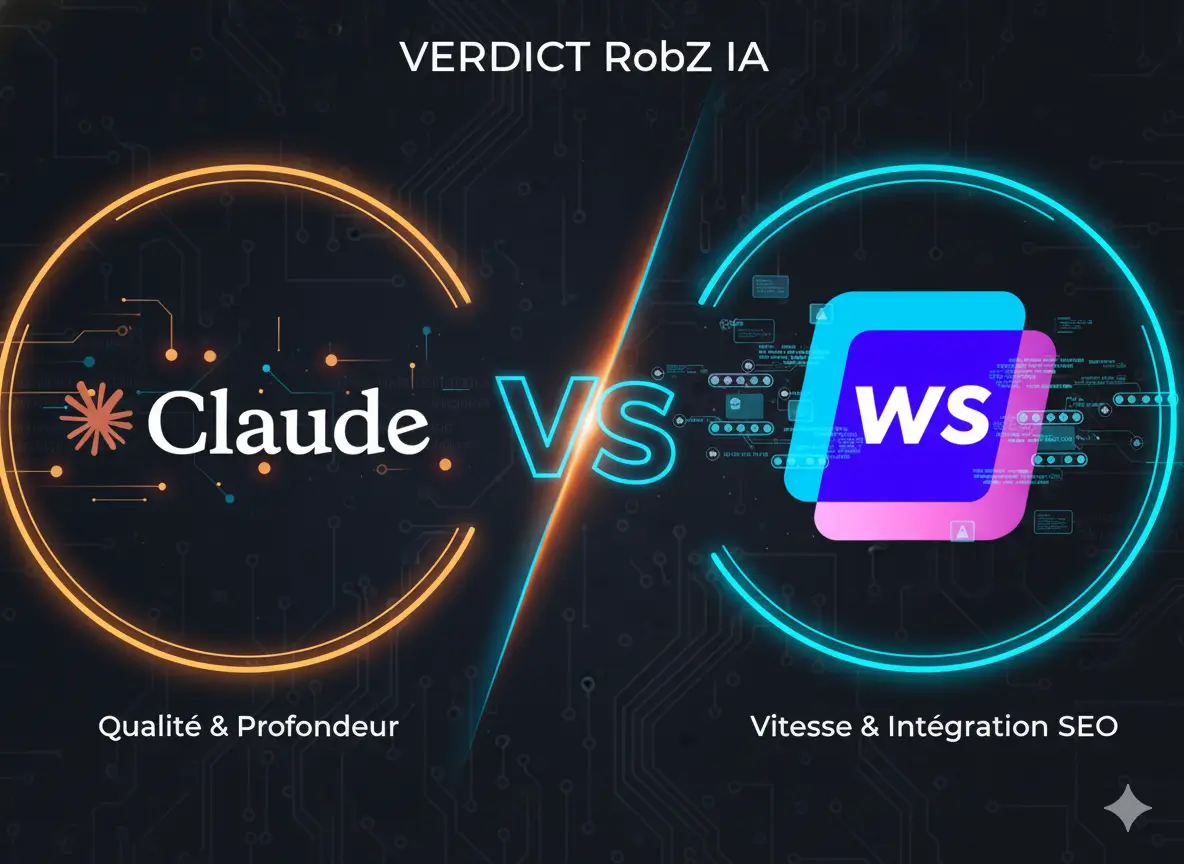 Illustration de duel 'VS' opposant les logos des outils d'intelligence artificielle **Claude AI** et **Writesonic** sur un fond technologique ou contrasté. L'image symbolise la compétition entre la **Qualité (Claude)** et le **Volume/Workflow SEO (Writesonic)** pour la domination en Generative Engine Optimization (GEO) en 2025.