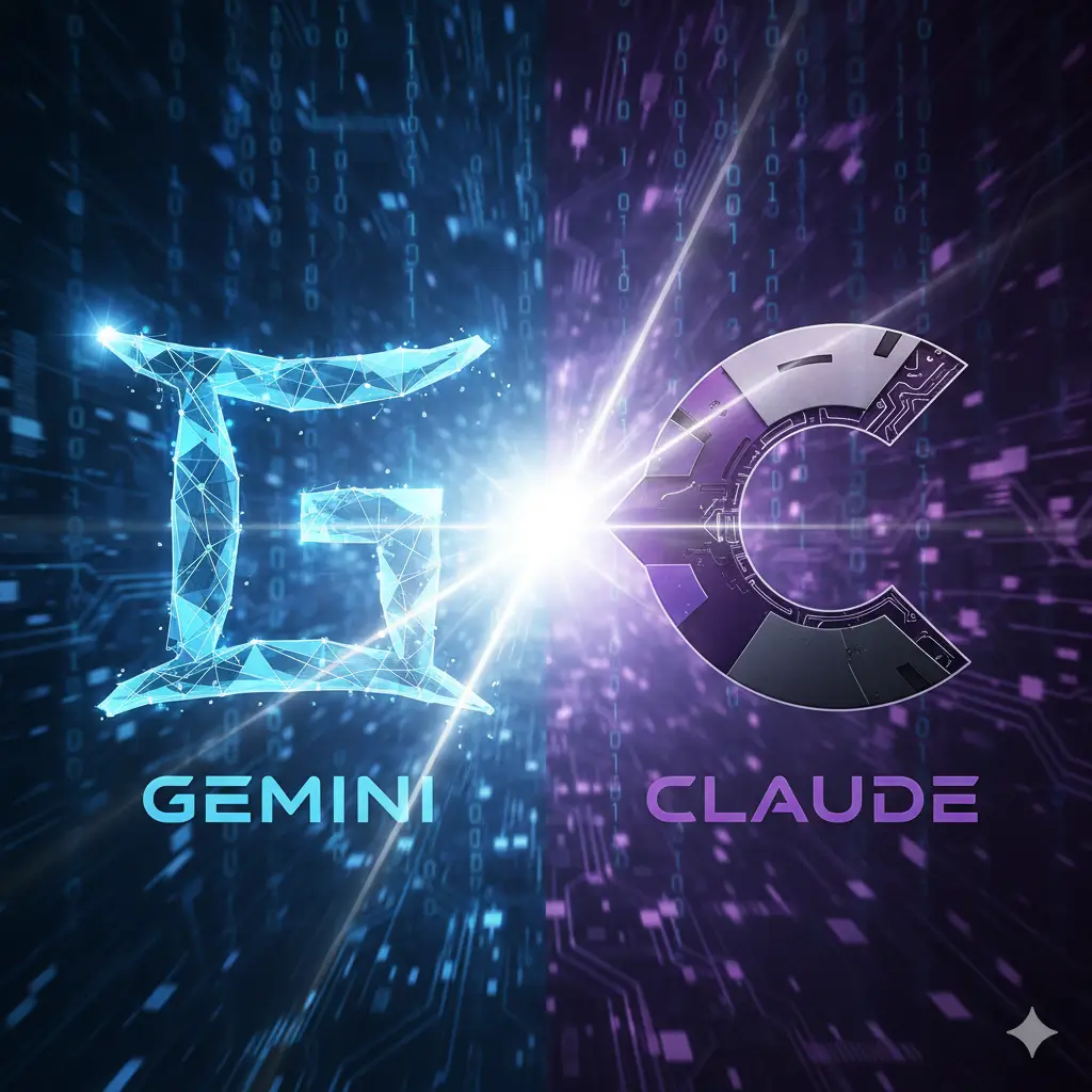 Duel futuriste et stylisé gemini vs claude : les logos IA de Gemini (bleu) et Claude (violet) s'affrontent sur un fond de code binaire et de circuits imprimés, symbolisant la compétition en intelligence artificielle