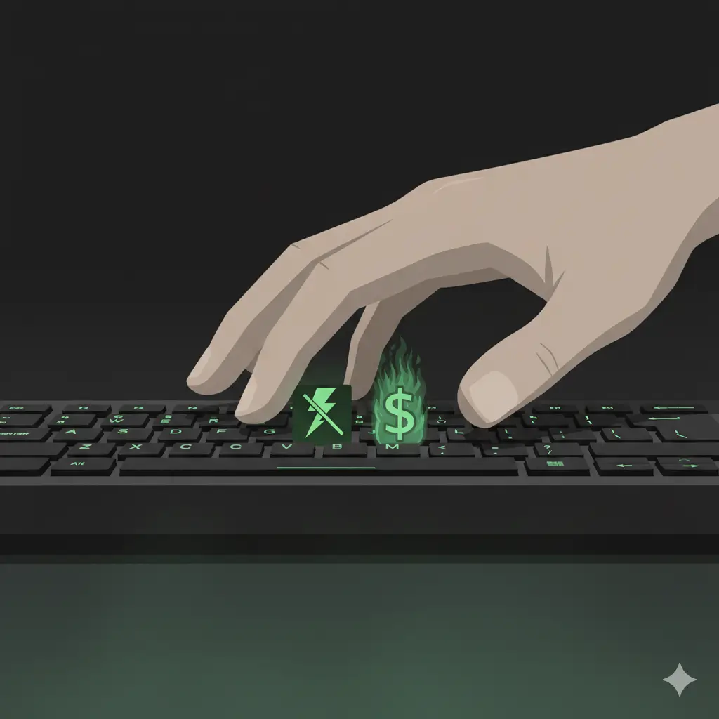 Image conceptuelle et minimaliste sur le thème "arrêter de dire merci à chatgpt". Une main est sur un clavier où les touches "éclair barré" et "dollar enflammé" remplacent un mot. Ambiance sombre avec des touches vertes.